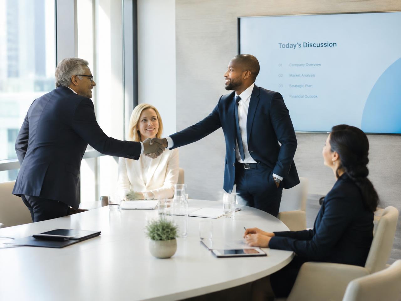 Executives shaking hands after a clear presentation