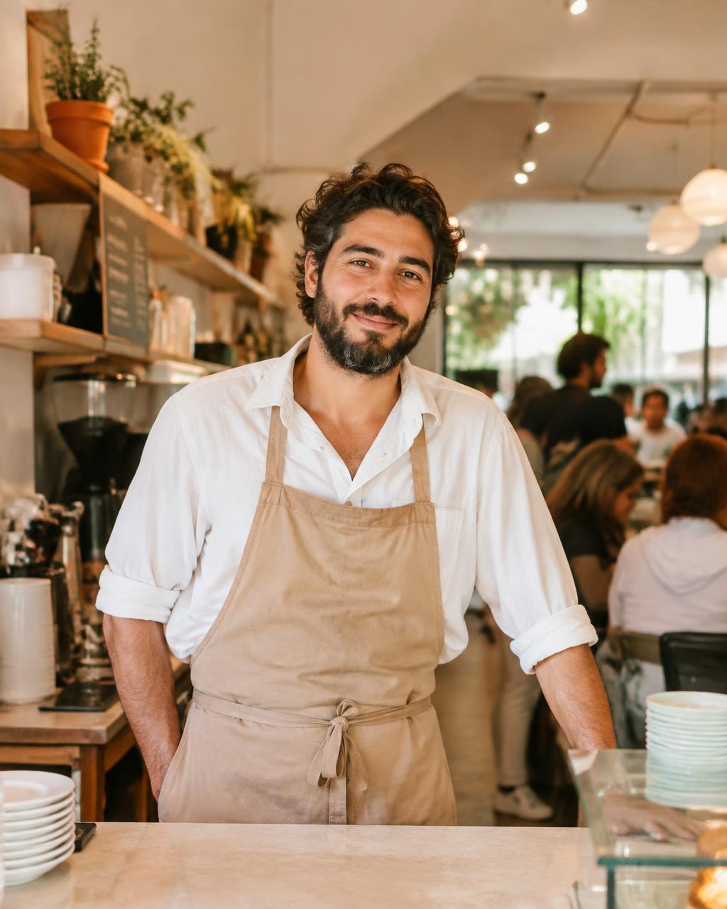 A cafe owner standing proudly in his busy shop