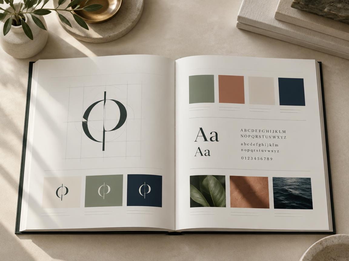 An open printed brand guidelines book with color swatches and typography specimens on an ivory desk