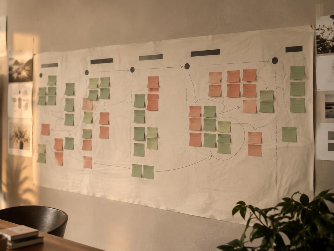 A workshop wall with a large journey map, clustered sticky notes and annotations from a facilitated session