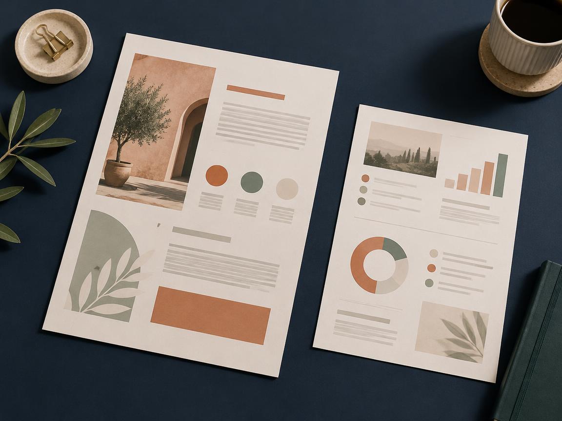 A printed service one-pager and infographic sheet laid out on a navy surface