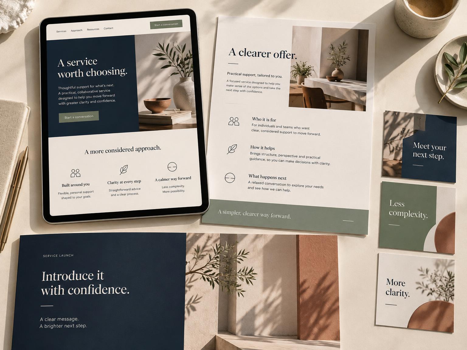 Coordinated service-launch concept featuring a website, service one-pager, presentation and social graphics